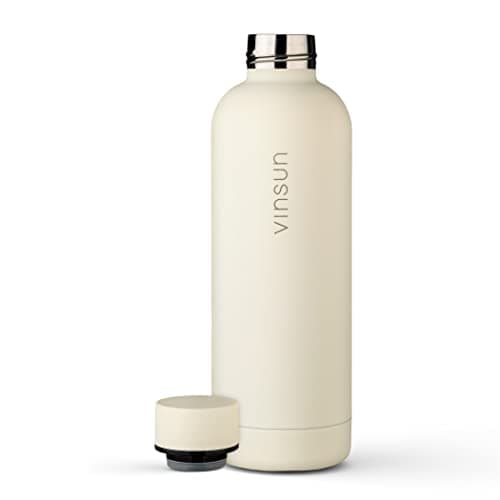 Vinsun Gourde Isotherme 500ml blanc crème - Bouteille d'eau Inox - Étanche, sans BPA, Reutilisable - Bouteille Thermo pour Sport, Randonnee, Velo, Voyage, École