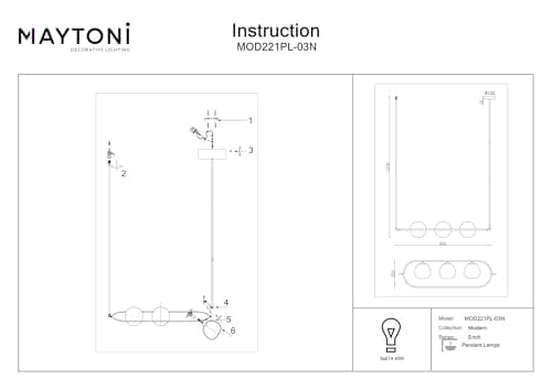 MAYTONI Lampe à Suspension Série Erich Style Modern, Armature métallique, diffuseur en verre dépoli, E14x3 40W