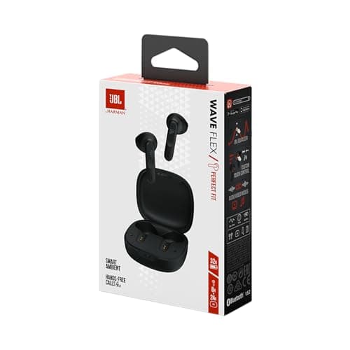 JBL Wave Flex, Écouteurs Intra-Auriculaires Sans Fil, Resistance à l'Eau IP54 et IPX2, Technologie TalkThru et AmbientAware, Autonomie de 32 heures, en Noir