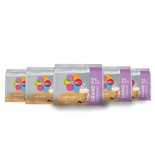 Tassimo, 105 Dosettes Café au Lait, Compatibles avec les machines TASSIMO, 105 Cafés Equilibré et onctueux, 5 packs de 21 dosettes (L'emballage peut varier)