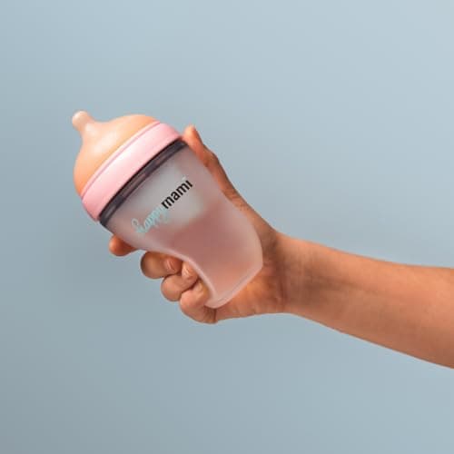 HappyMami - Set de 2 Biberons en Forme de Sein, Biberons 250 ml, Couleur Rose, Tétine en Silicone de Qualité Médicale, Double Système Anti-Colique, sans BPA, Lavable au Lave-vaisselle, Chauffe-biberon