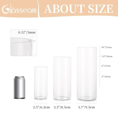 Glasseam Porte-Bougie Hurricane Cylindre en Verre : Vase À Fleurs Transparent pour Bougies Chauffe-Plat Pilier Votif Bougies Flottantes pour Décorations De Table À Manger (M+L+XL x 10)