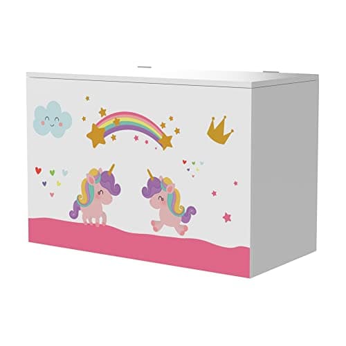 [en.casa] Coffre à Jouets pour Enfant Meuble de Rangement à Couvercle Rabattable Banc à Motif Licornes Capacité de Charge 70 kg Panneau de Particules 40 x 60 x 30 cm Blanc Violet Rose