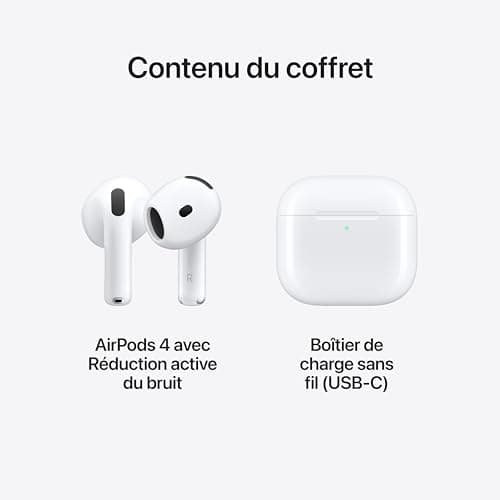 Apple AirPods 4 Écouteurs sans Fil, écouteurs Bluetooth, avec Réduction Active du Bruit, Audio adaptatif, Mode Transparence, Audio Spatial personnalisé, boîtier de Charge USB-C, Recharge sans Fil