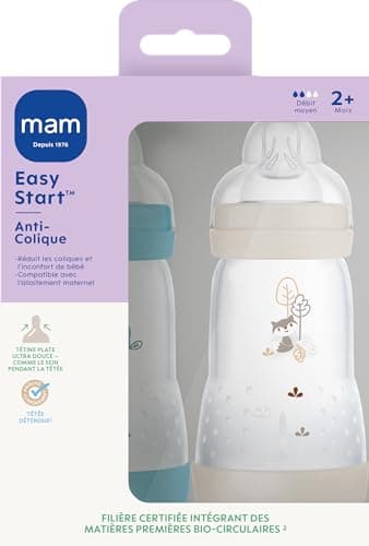MAM Lot de 2 biberons Easy Start Anti-Colique 2+ mois débit moyen (2 x 260 ml) Océan + Sable – Biberon pour réduire les coliques et l'inconfort de bébé – Biberon bébé compatible avec l'allaitement