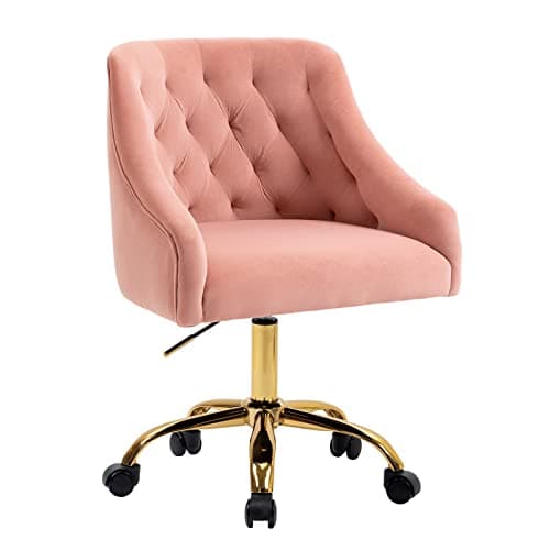 WOEOA Chaise de Bureau en Velours, Chaise pivotante Ergonomique, Chaise de Bureau à roulettes, réglable en Hauteur, pour Bureau, Chambre, Coiffeuse, jusqu'à 135 kg, Filles Femmes - Rose