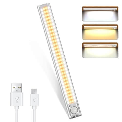 DFGOTOP Reglette 120 Led Cuisine Rechargeable USB, 30CM Lampe de Placard Led Detecteur Mouvement, Eclairage Bande Armoire sous Meuble Sans Fil, Lumiere 3 Couleurs 4 Modes