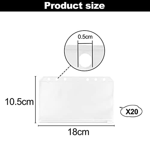 Relota 20 Pièces Pochettes Classeur, 6 Trous Pochette Plastique A6, Transparente Imperméable Dossiers à Glissière, Enveloppe Budget, Sacs Zippés à Feuilles Mobiles pour Documents, Cahiers, Cartes