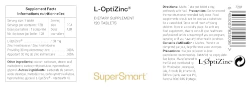 L-OptiZinc - Forme de Zinc la mieux Absorbée et plus Puissante - Contribue à Maintenir la Santé des Os et de la Peau - Apportant 30 mg de Zinc Élémentaire - Antioxydant - Vegan - Supersmart