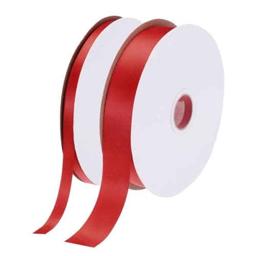 QUARKZMAN Ruban Satin de 100 Yards/300 Pieds pour Emballage Cadeau 1 cm et 2,5 cm Ruban Gros-Grain pour Saint-Valentin pour Gâteau de Fête, Bouquet Fleurs, Rouge (50 Yards/Chaque Rouleau)