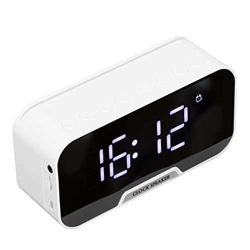 Radio-réveil avec Haut-parleurs Bluetooth pour Bureau de Chambre, Haut-Parleur de Réveil Numérique Portable avec Affichage à LED, Température du Calendrier, Luminosité Réglable(Blanche)