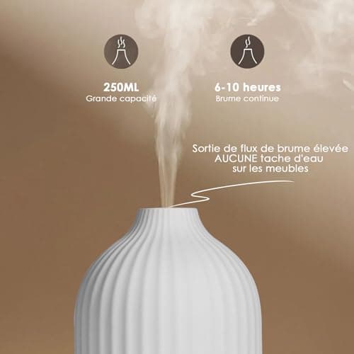 Vankarr Diffuseur Huiles Essentielles en Céramique 250ML, Diffuseur de Parfum Electrique Humidificateur Ultrasonique Diffuseur Aromathérapie pour la Maison, Yoga (Blanc 250 ML)