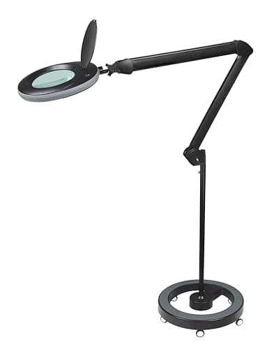 Lumeno LED Lampe loupe 7218SW avec lentille en verre de 127 mm, lampe de travail, convient pour cosmétique, les bricoleurs, aide à la lecture lampe grossissante, 8 dioptries Noir avec trépied roulant
