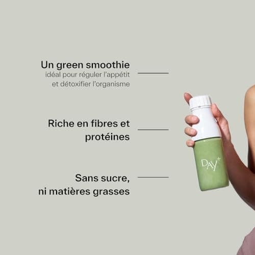 DAY+ | Poudre Hyperprotéinée | Régule l’appétit & Détoxifie l’organisme | Riche en fibres et protéines | Sous forme de green smoothie | Sans sucres | Spiruline Bio & Graines de Chia | 360 gr – 30 dose