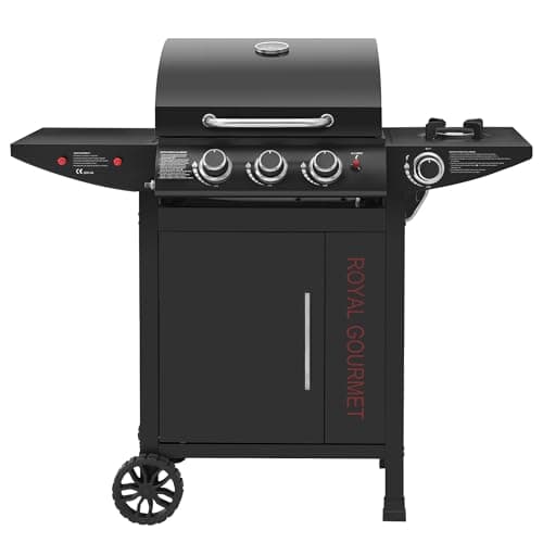 Royal Gourmet Barbecue Gaz à 3+1 Brûleurs en Acier Inoxydable, Gril à Gaz sur Chariot de Puissance 11,5 KW avec Tablette et Thermomètre, 2 Roues et 1 Porte, Adapté pour Jardin et Extérieure, Noir