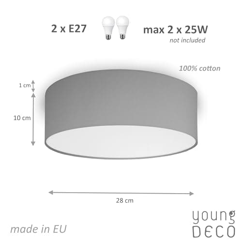 youngDECO® MINI Luminaire Plafonnier Rond Ø28 cm - Luminaires Intérieur Gris - Abat Jour Plafond en Tissu de Coton 2 x E27 - Lustre Salon, Chambre Adulte et Chambre Enfant (Ampoule non incluse)