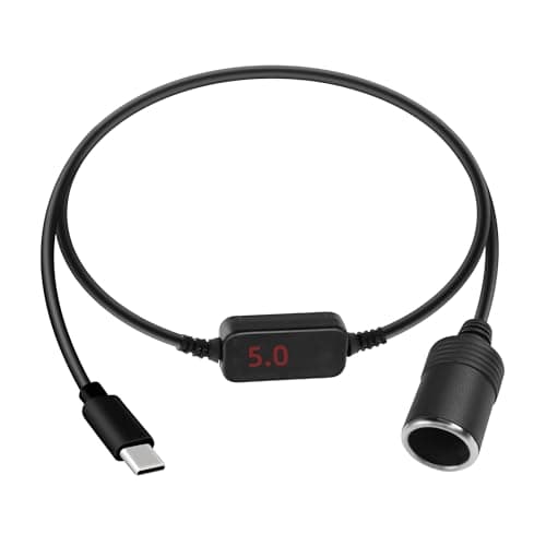 RIIEYOCA Câble Convertisseur USB C Mâle vers Prise Allume-Cigare, 5V à 20V Type C, Adaptateur Allume-Cigare Femelle avec Affichage Numérique pour Caméra de Tableau de Bord, GPS (0.3M/1FT)