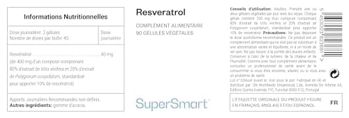Supersmart - Resveratrol - Extrait de Vitis et Extrait de Polygonum Cuspidatum Standardisé pour Apporter 10% de Resvératrol - Antioxydant | Sans OGM - 90 Capsules Végétariennes