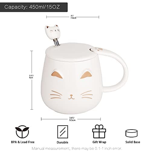 SHENDONG Tasse chat blanc Jolie tasse à café en céramique avec couvercle et cuillère Kawaii Nouveauté Morning Cup Tasses à café- Animaux 3D Tasses de chat pour les amoureux des chats Femmes Cadeaux