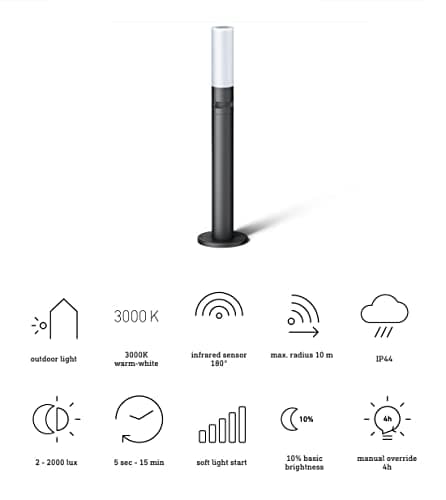 Steinel LED Lampe de chemin GL 65 S Anthracite, détecteur de mouvement 180°, lampe de jardin blanc chaud, allumage en douceur, veilleuse