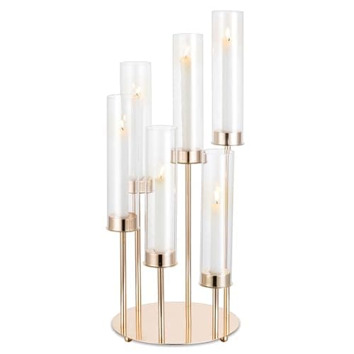 NUPTIO Bougeoirs Or Hurricane Verre - 60cm Grand Bougeoir à Papillon Cylindrique Transparent 6 Bras Bougie Métallique Couvre Cheminée Centrepieces de Mariage Extérieur Tables Décor de Noël