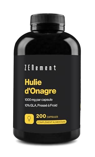 Huile d'Onagre Pressée À Froid, 1000mg Huile Onagre par gélule | 200 Gélules, 10% GLA et Vitamine E | Complément Alimentaire Peau, Cheveux, Ongles & Spécial Bien-Être Femme | Zenement