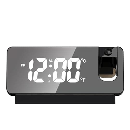 TNSLAND Réveil à projection, radio-réveil avec projection 180 °, réveil LED, horloge numérique, snooze, double gong, température USB, fonction de charge, horloge de projection pour la maison, le