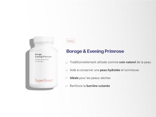 Huile de Bourrache et d’Onagre + Vit E - Peau Éclatante - Hydratation en Profondeur - Huiles pressées à froid - Confort prémenstruel - 300 mg de GLA - 120 gélules faciles à avaler - Vegan - Supersmart