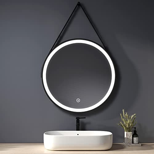 Heilmetz Miroir Rond Salle de Bain 70cm, Miroir Rond LED Noir avec Interrupteur Tactile et Bandoulière réglable, IP44,Miroir Rond Mural,avec Blanc Froid 6500K
