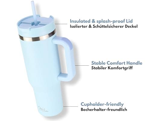 Milu Gobelet thermique 1200ml avec paille & anse, 24h glacé / 12h chaud Tumbler 40oz en acier inoxydable avec poignée, isolant bouteille to go (Morning Blue, 1200ml)