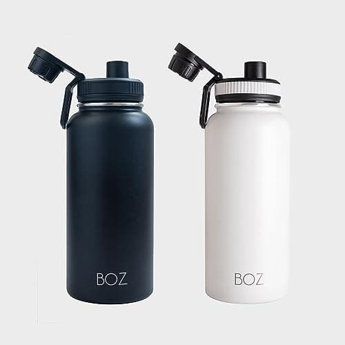 BOZ - Lot de 2 Gourdes Isothermes En Acier Inoxydable 1L, Sans BPA, Double Isolation Sous Vide | Gourdes de Camping et Randonnée Avec Couvercle Anti Germe, Bouteilles d'Eau 1 Litre, (Blanc + Noir)