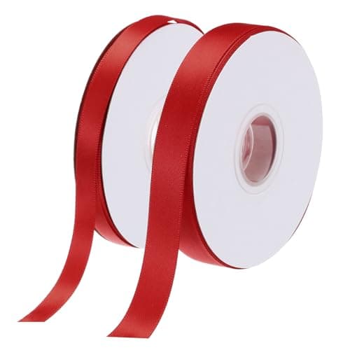 QUARKZMAN Ruban Satin de 50 Yards/150 Pieds pour Emballage Cadeau 1 cm et 1,5 cm Ruban Gros-Grain pour Saint-Valentin pour Gâteau de Fête, Bouquet Fleurs, Rouge (25 Yards/Chaque Rouleau)