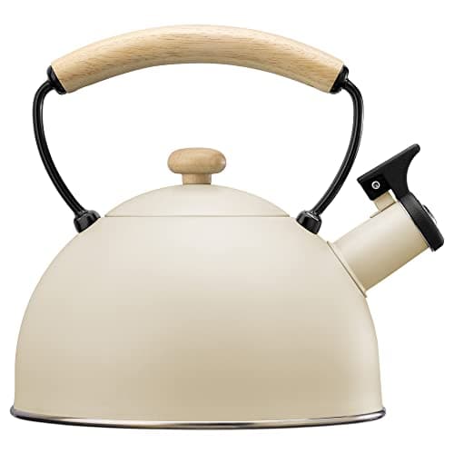 Navaris Bouilloire sifflante inox 2,3 L - Théière thé eau chaude plaques à induction - Théière design vintage avec poignée bois