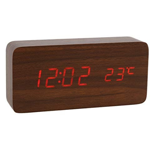 Lancoon Horloge Numérique en Bois - Réveil à LED Multifonctions avec Affichage De L'heure/De La Date/De La Température Et Commande Vocale pour Le Voyage à Domicile - AC11Brown_Red