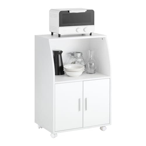 SoBuy Desserte, Micro-Onde à roulettes, Meuble de Rangement Cuisine, Chariot, Commode, Étagère de Micro-Ondes, Meuble Four, pour Salle à Manger, Cuisine, Salon, Blanc, L55xP38xH34 cm, FRG241-W