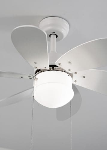 CREATE / WINDEASY/Ventilateur de plafond avec lumière, blanc lames bois naturel / 53W, silencieux, Ø86, 3 vitesses, lames réversibles, minuterie, été-hiver, double hauteur, moteur AC