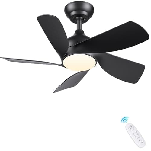 CJOY 76cm Noir Ventilateur de Plafond avec Lumiere et Télécommande, Ventilateur de Plafond Réversibles DC 5 Pales, Ventilateur Plafond Silencieux Dimmable, 6 Vitesses, pour Chambre à Coucher, Salon