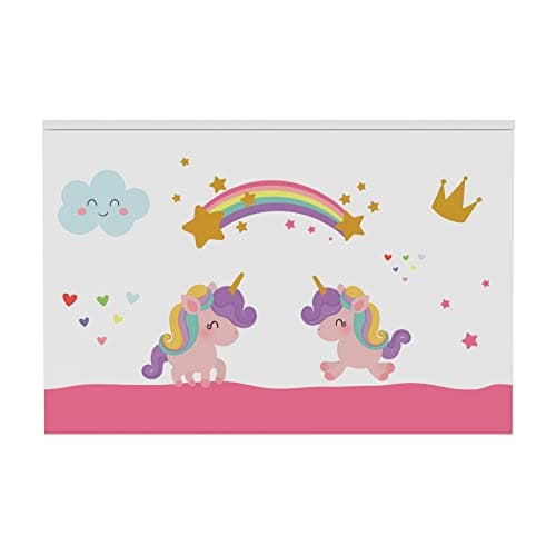 [en.casa] Coffre à Jouets pour Enfant Meuble de Rangement à Couvercle Rabattable Banc à Motif Licornes Capacité de Charge 70 kg Panneau de Particules 40 x 60 x 30 cm Blanc Violet Rose