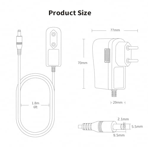 Lonnky Adaptateur 12V 2A avec Câble de 1,8 M, AC 100-240V à DC 12V, Connecteur Universel 2,1 mm x 5,5 mm pour LCD, Routeurs et Caméras de Surveillance