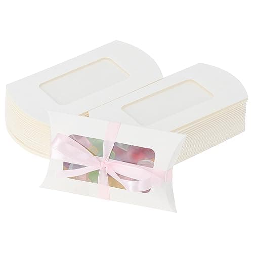 HSEAMALL Lot de 50 boîtes à dragées de mariage, boîte cadeau avec ruban pour décoration de fête de mariage, d'anniversaire (boîte à bonbons blanche avec fenêtre transparente)