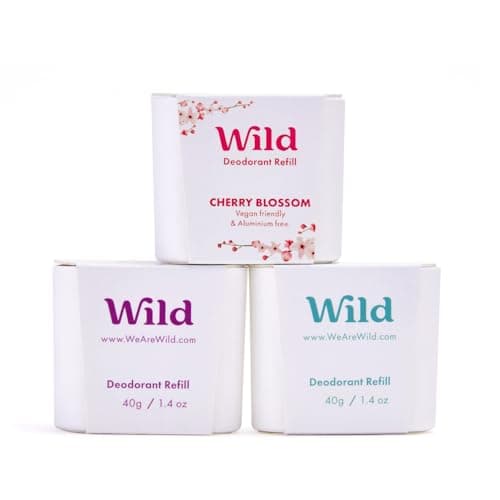 Wild - Déodorant Naturel Rechargeable - Sans Aluminium - Lot Varié de Recharge - Comprend Fresh Cotton & Sea Salt, Cherry Blossom et Coconut & Vanilla - Protection longue durée