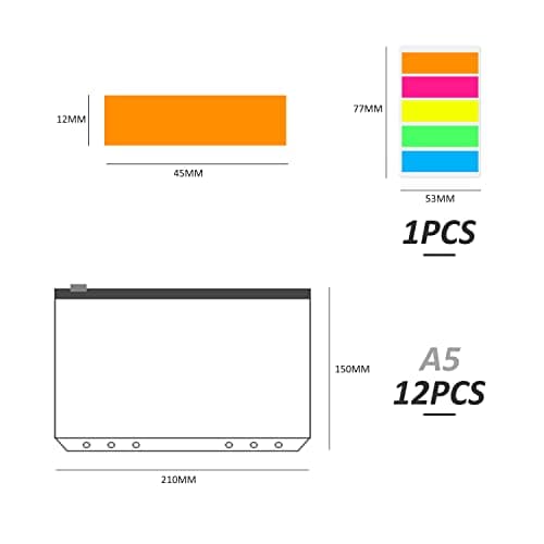 Lot de 12 pochettes classeur A5 6 trous avec étiquettes autocollantes fluo. Dossier à glissière en plastique transparent imperméable à l'eau 6 trous perforés divers dossiers pour l'école de bureau