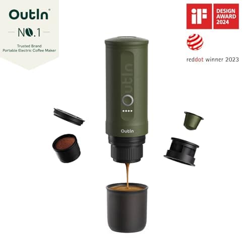 Outin Nano Machine à expresso électrique portable, cafetière de voyage pour camping, cafetière auto-chauffante pour voiture avec USB-C, avec café moulu et capsule NS