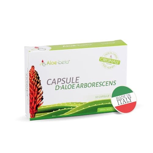 ALOEBETA Aloe Vera Arborescens Bio en Capsules Végétales - 100% Aloe Arborescens BIO - Made in Italy - Complément alimentaire BIO - Sans édulcorant ni conservateur, sans OGM - 30 paquets de Gélules