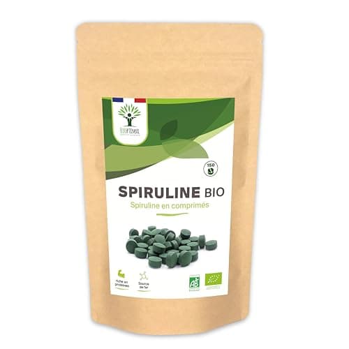 Spiruline Bio - Bioptimal - Complément alimentaire - BCAA Fer Vitamine A - 65% de Protéine - 17% de Phycocyanine - 500 mg/comprimé - Conditionnée en France - Certification Ecocert - 150 comprimés