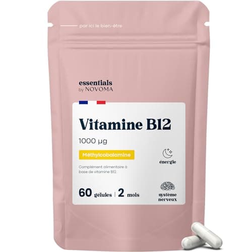 Vitamine B12 1000 μg Vegan, Cure de 2 mois, Réduit la Fatigue & Soutient le Système Nerveux, 60 Gélules Végétales, 100% Méthylcobalamine Pure et Biodisponible, Essentials by Novoma