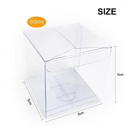 ZWZNBL Lot de 50 boîtes en plastique transparent pliables et carrées, pour bonbons, biscuits au chocolat, conviennent pour des mariages, fêtes, anniversaires, 5 x 5 x 5 cm