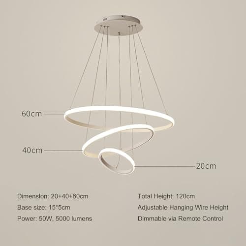 LED Suspension Luminaire 76W Lampe Suspendue à Dimmable, Lustre Chambre Réglable en Hauteur, Moderne Plafonnier LED Suspension pour Salle à Manger Salon Cuisine, 3Ring Φ20+40+60cm (Blanc)