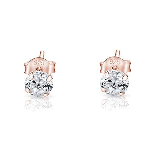 DTPsilver® boucles d'oreilles femme argent 925 - MINI/Petits/Moyens Clous Puces d'oreilles en Plaqué Or Rose et Oxyde de Zirconium Ronds - Diamètre: 5 mm - Blanc/Clair CZ