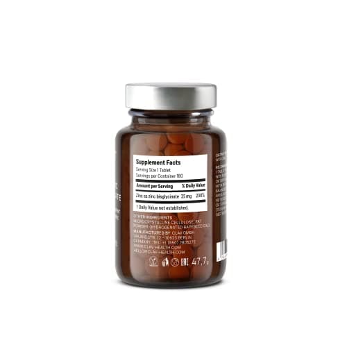 Zinc Bisglycinate 25mg - 180 Comprimés - Haute Dosé avec 25mg Zinc Végétal - Natural Zinc Complement Alimentaire - Soutient le Système Immunitaire et au Maintien d'une Peau Normale